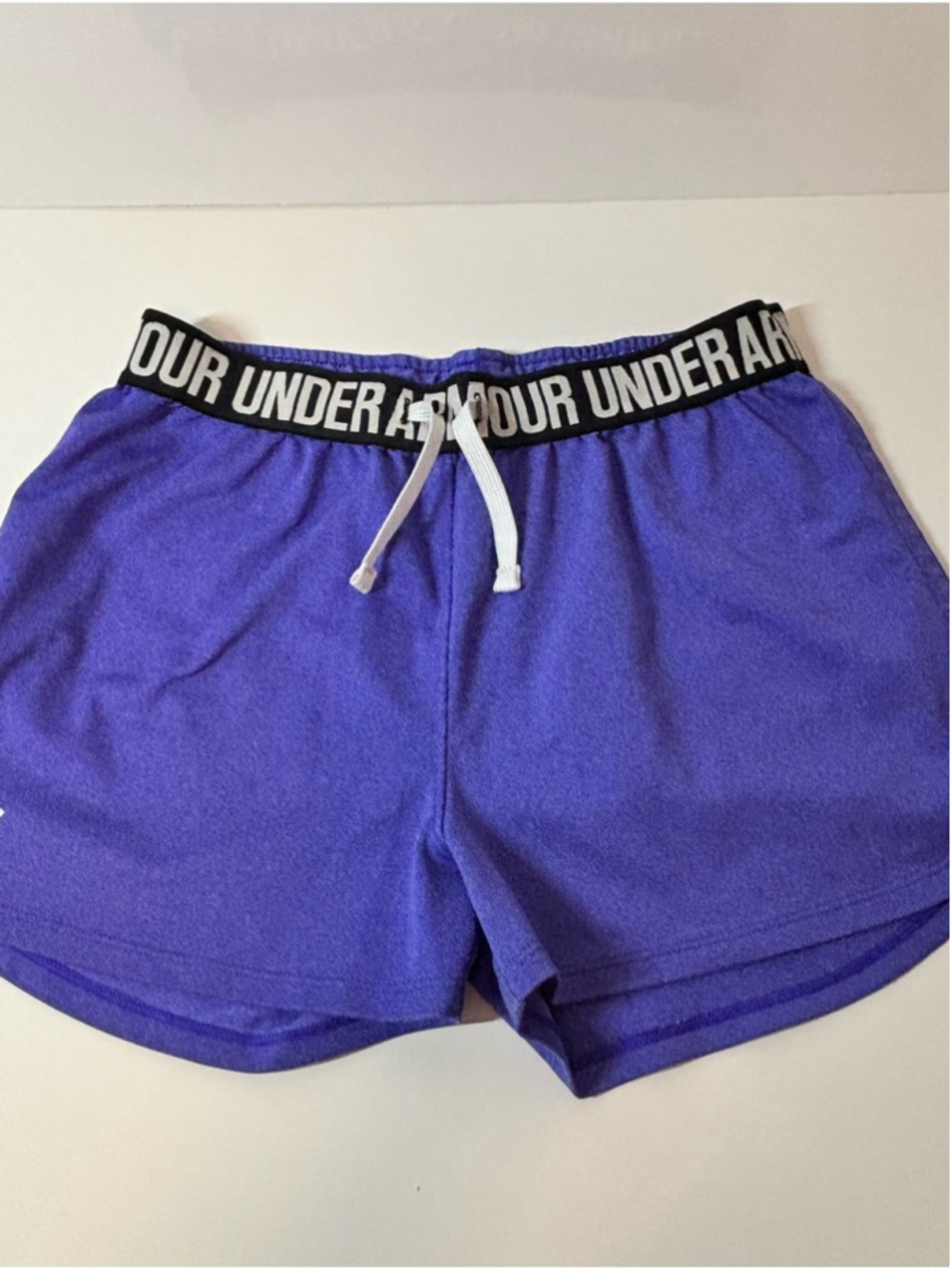 Purple Under Armour athletic shorts with logo waistband and drawstring -Size YLG